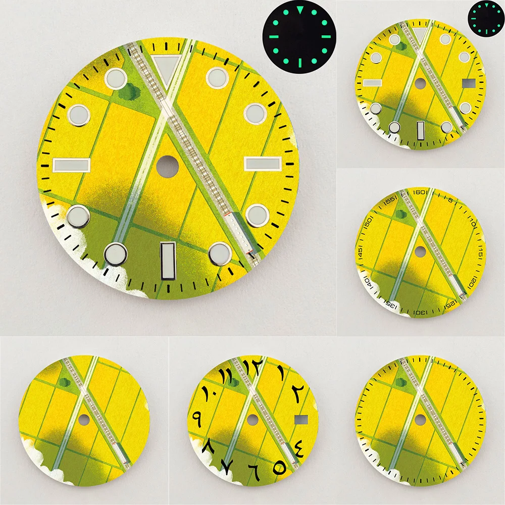 28.5mm NH35 Dial Wheat Field Railway Scenery Dial Green Luminous Dial Color NH36 Dial Watch Accessories Fits NH35/NH36 Movement