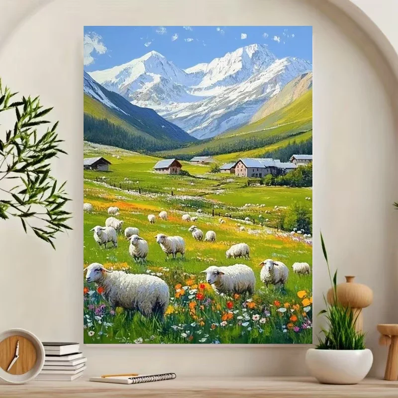 Multiple sizes 1pc frameless Canvas Painting,Snow-capped Mountains Pastures Meadows and Sheep Poster and Prints Canvas Painting