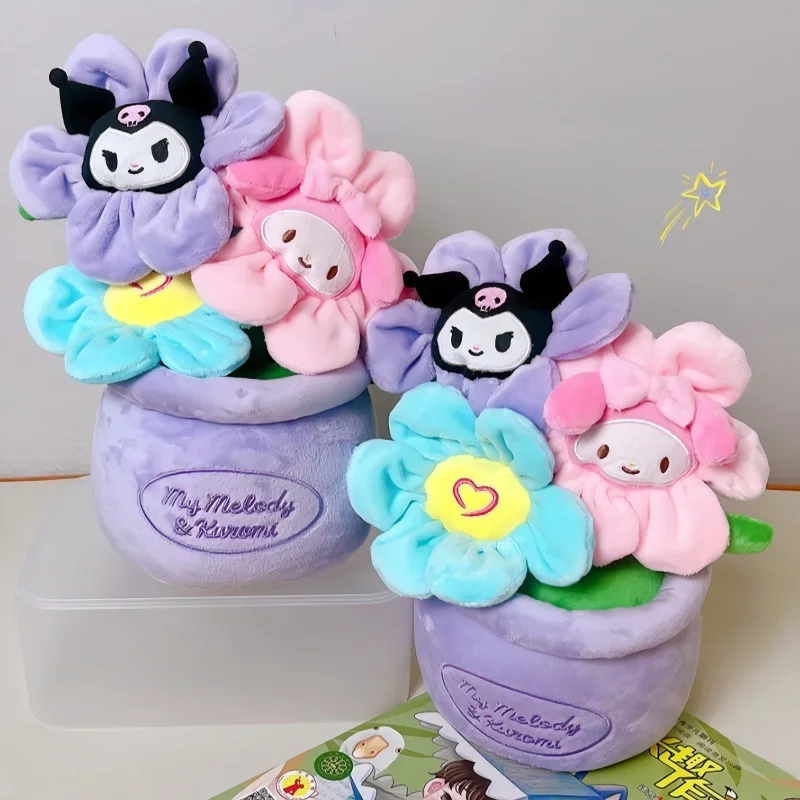 29cm Sanrio Plush Doll Toy Cartoon Cute Kuromi Demon Melody Flower Pot Throw Pillow Desktop Home Decoration Birthday Gift Toy