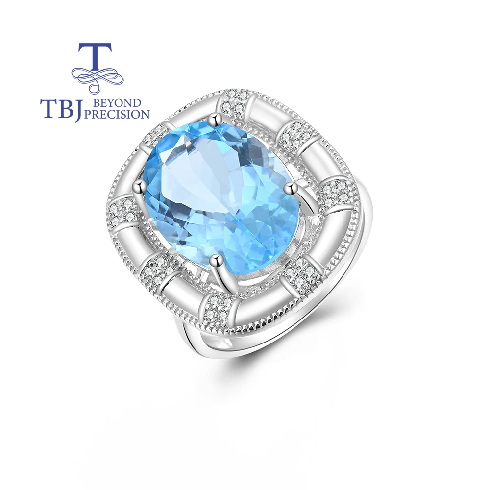 Bague en argent avec topaze bleu ciel naturel, pierre de naissance de novembre, grande pierre précieuse, design neutre délicat unique, bijoux fins de luxe