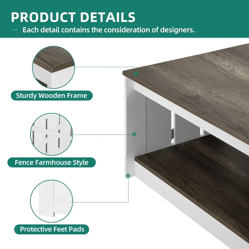 Mesa de centro Mesa de centro de granja con almacenamiento Mesa de cóctel de madera rústica, mesa de centro cuadrada para sala de reuniones.