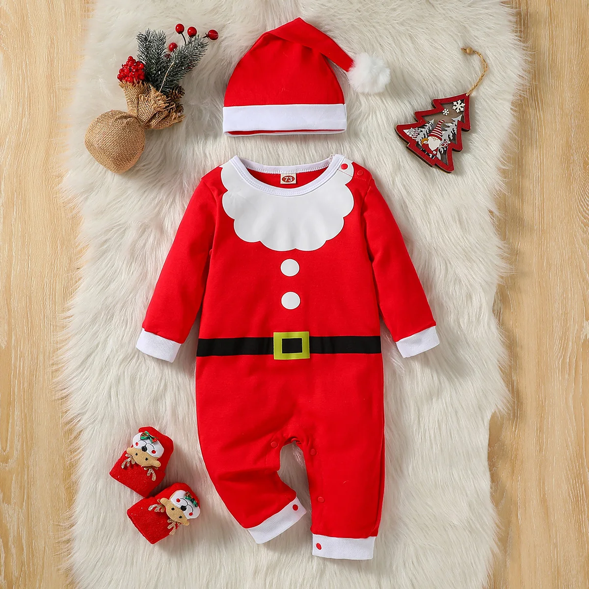 Winter/ Fall Baby Girls Red Long Sleeve Cute Christmas Cotton Soft European and American style Jumpsuit +Hat