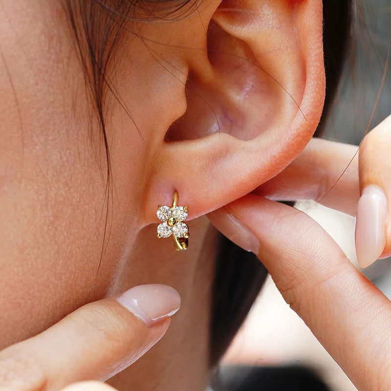 OXTAO Mini Cute Moissanite Floral-Style Earrings Female Jewelry Sweet Four Leaf Hoop Flower Earrings Jewelry 14K Gold Filled - view 6