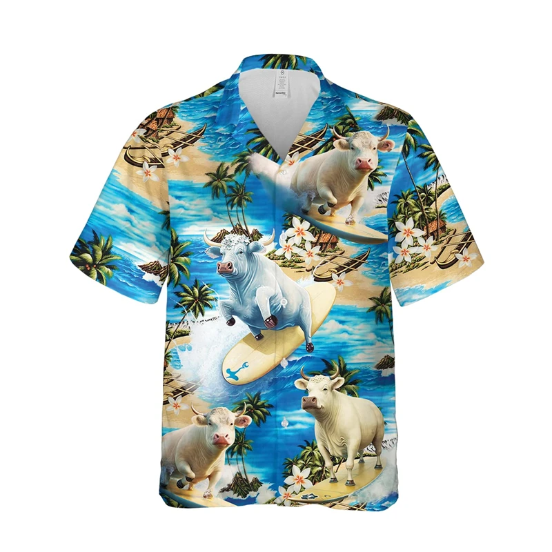 Cute Cow Surfing Graphic Shirts For Men Clothes Casual Hawaii Women Beach Shirt Hip Hop Surf Sport Lapel Blouse Vacation Tops
