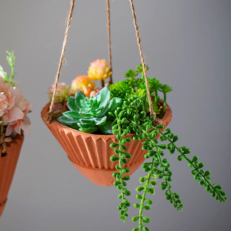Ceramic Vase Triangular Hanging Vase Hemp Rope Red Pottery Hanging Hydroponic Wall Decoration Pendant Home Decoration