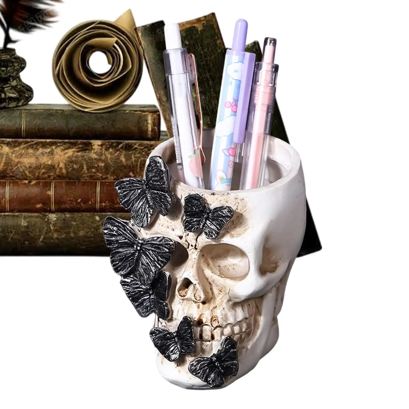 

Skull Pen Holder Gothic Table Decor Flower Pot Halloween Gothic Pencil Cup For Student Writer Author Teacher Collector Lecturer