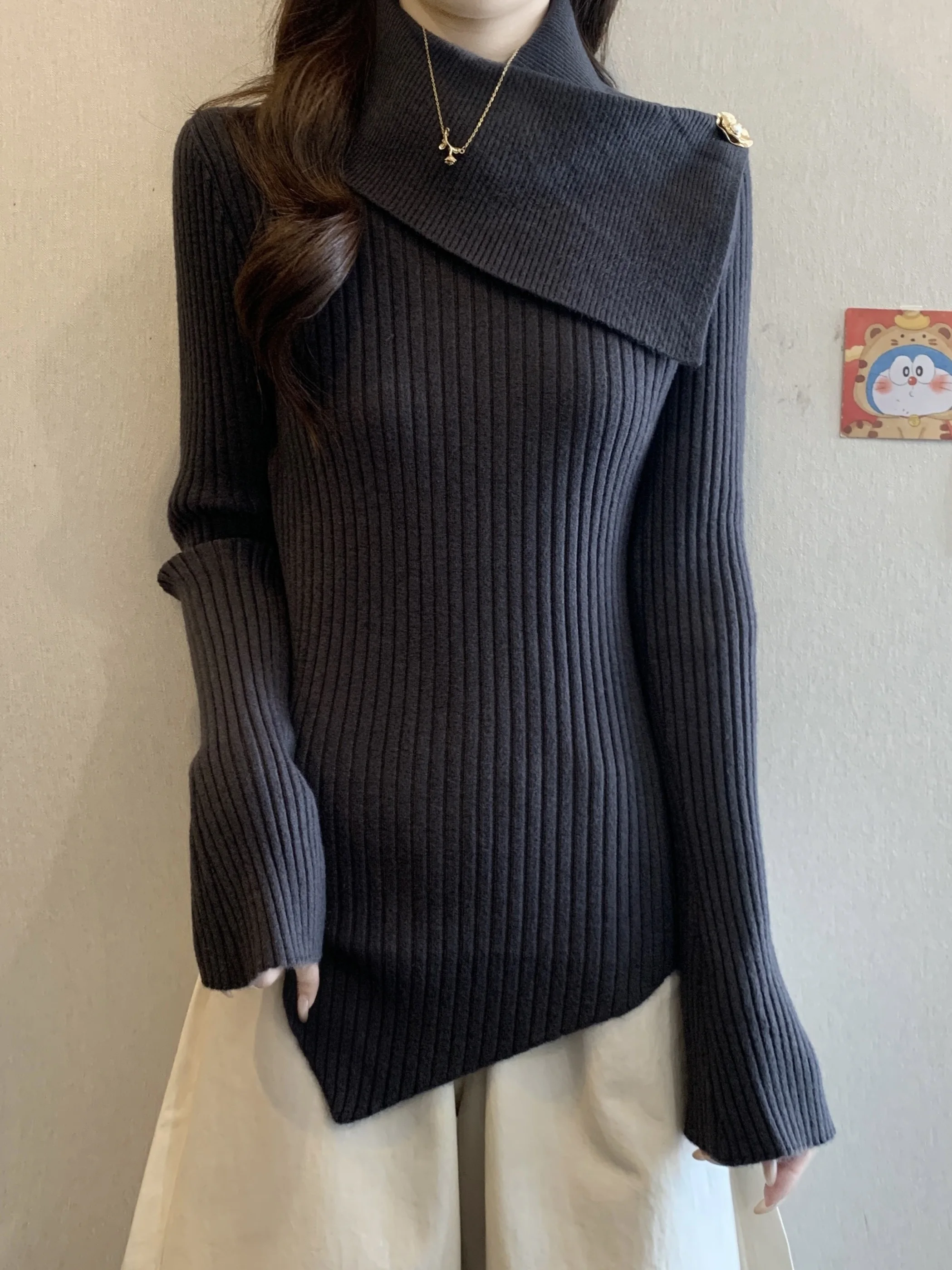 

plus Size Knitted Top High Collar Asymmetrical Long Sleeve Women's Slim Fit Inner Wear Casual Breathable Polyester Fiber