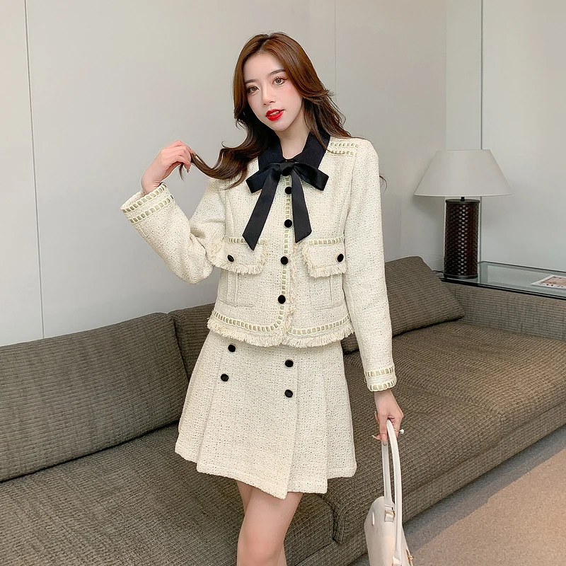 Winter Short Blazer Elegant Office Lady Tweed Coat High Waist A-line Mini Skirt Retro Female Two Piece Suit Jacket