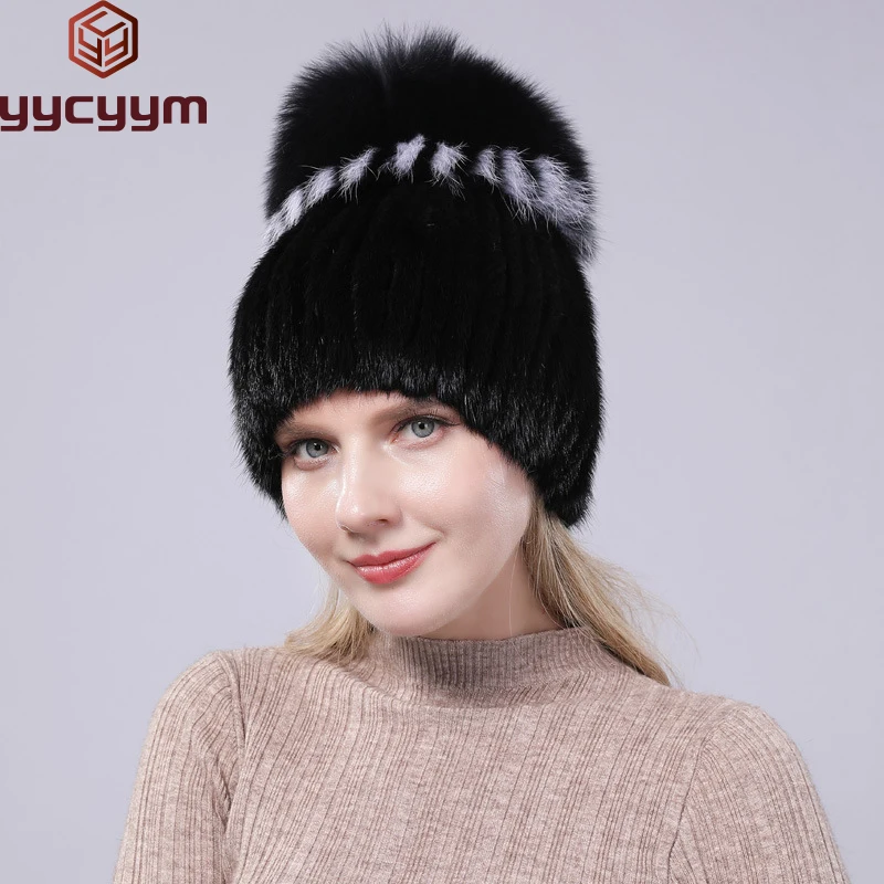 

2025 New Luxury Women Winter Mink Fur Hats Knitted Real Mink Silver Fox Fur Caps Female Russian Winter Warm Real Fur Beanies Hat