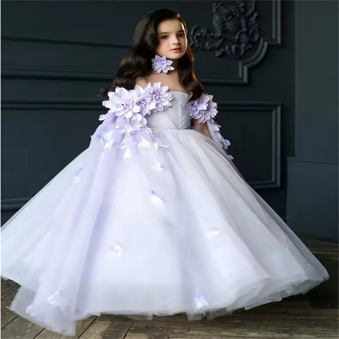 

Customized Flower Girl Dresses for Wedding Off-the-shoulder Floor Length Skirts Tulle Applique 3D Floral First Communion