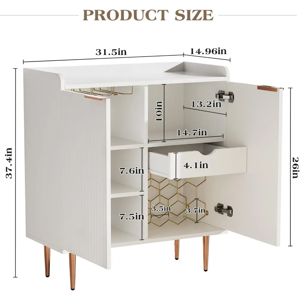 Coffee Bar Cabinet with Wine Rack & Glass Holder, Kitchen Sideboard Buffet Cabinet with Storage,Wine Bar Cabinet with Fluted