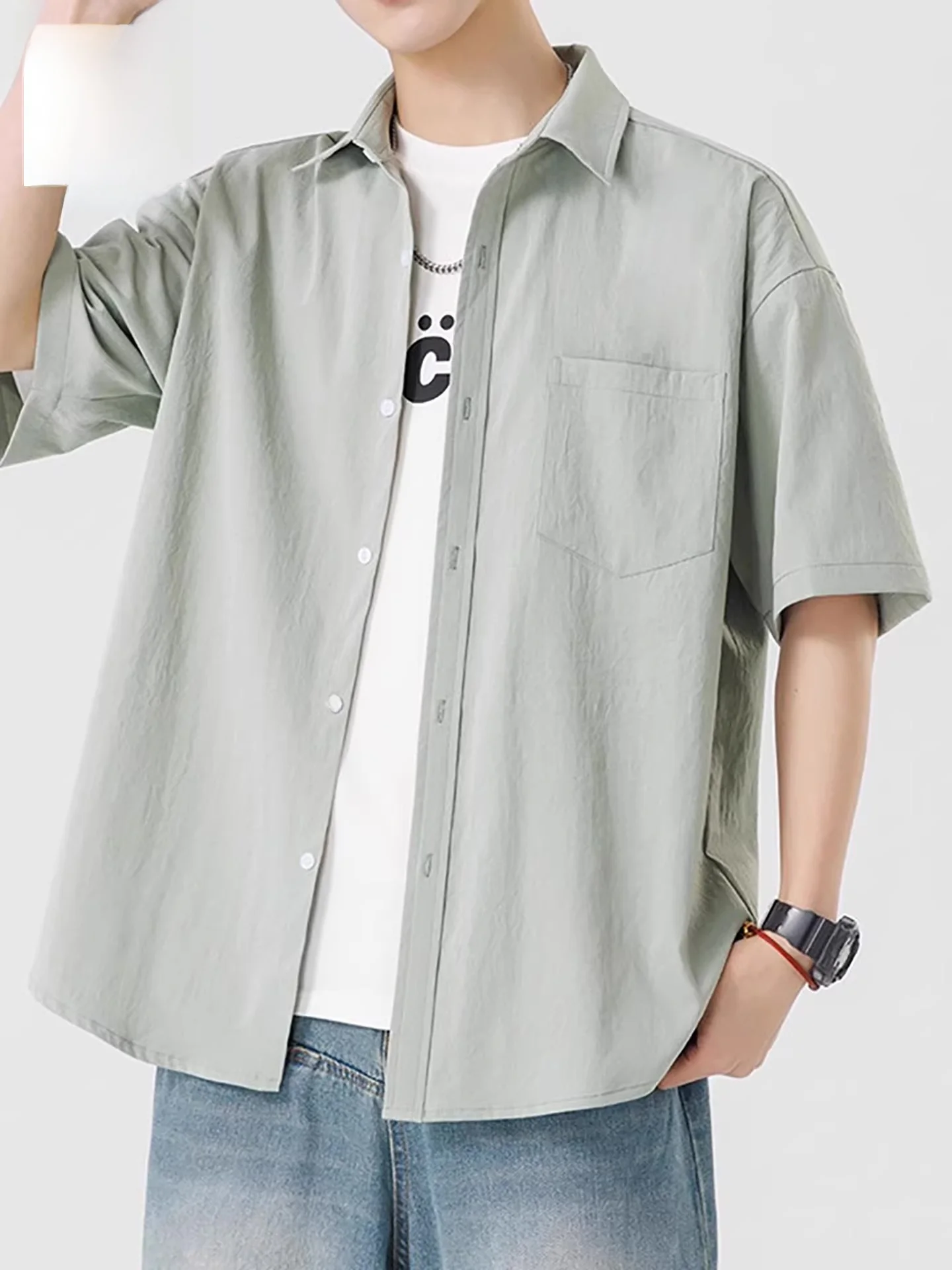 

Nainilou Men's Casual Loose Short Sleeve Shirt Fashionable Vintage Brand High-End Feelings Handsome Leisure Outerwear