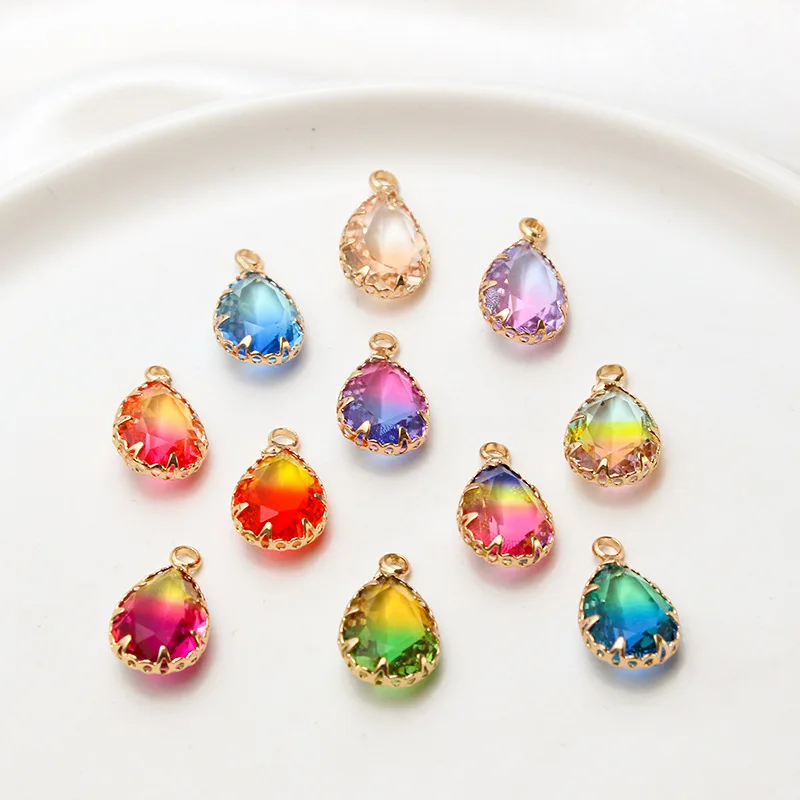 1pcs Diy Accessories Gradient Color Copper Edging Crystal Glass Water Drop Pendant Earrings Necklace Material Handmade Charms