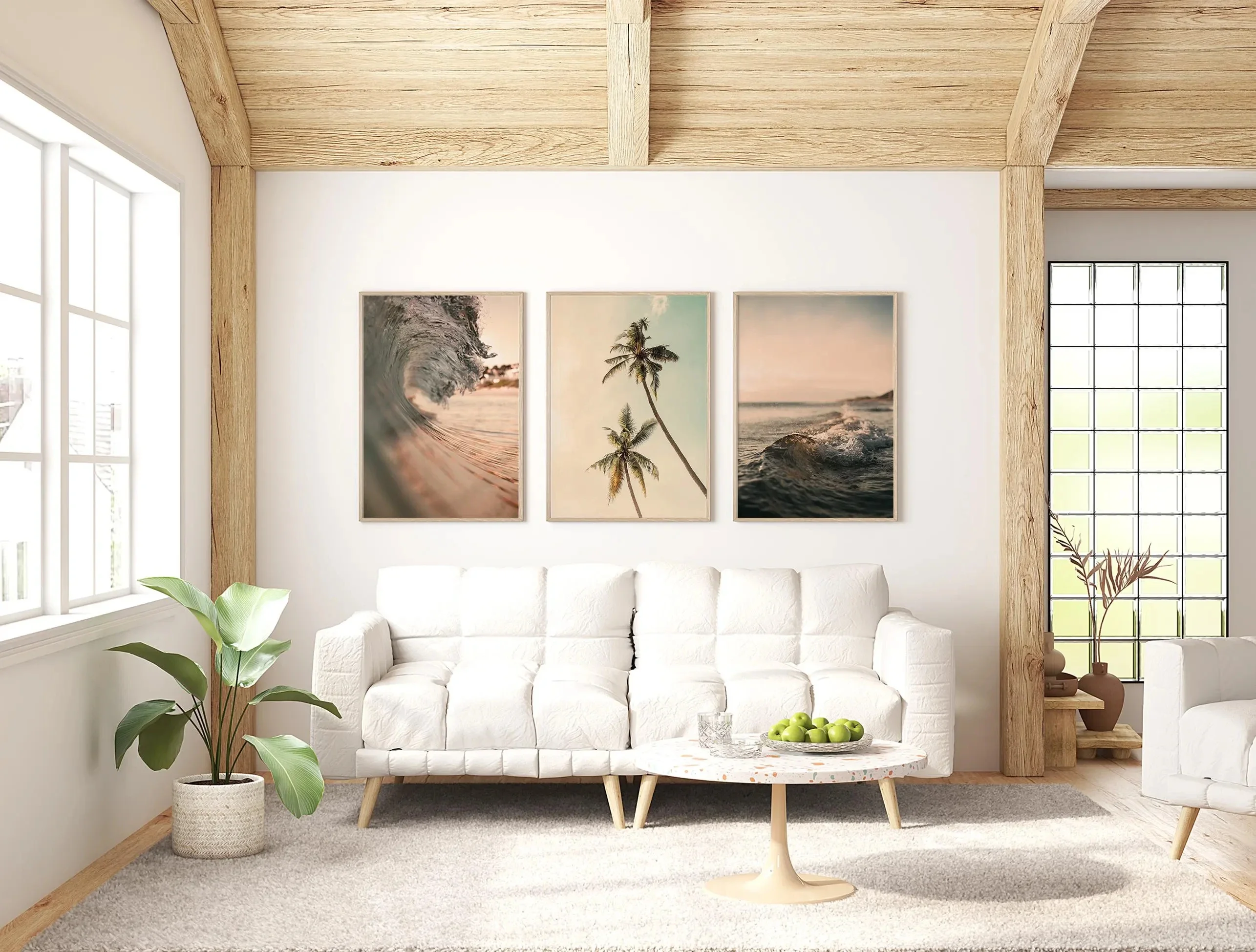 Large-sized frameless 3pcs  Coastal Tropical Beach Wall Art Set,Neutral Pastel Ocean Wave Palm Tree Canvas Prints, Boho Minim