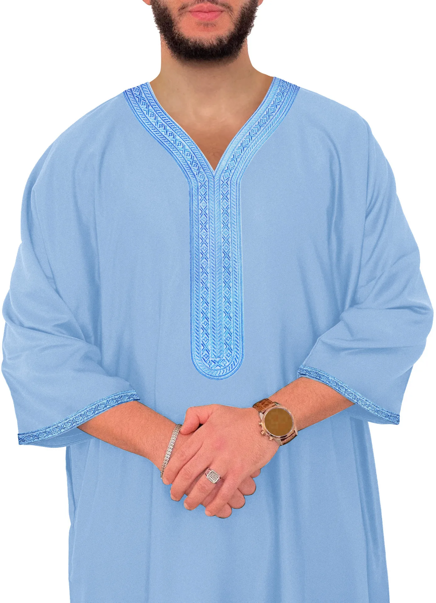 New 2025 Muslim Mid Sleeve Embroidered Ethnic Style Moroccan Men's Robe Side Pocket Abaya Ramadan Dubai Luxury Islam Elegant 1