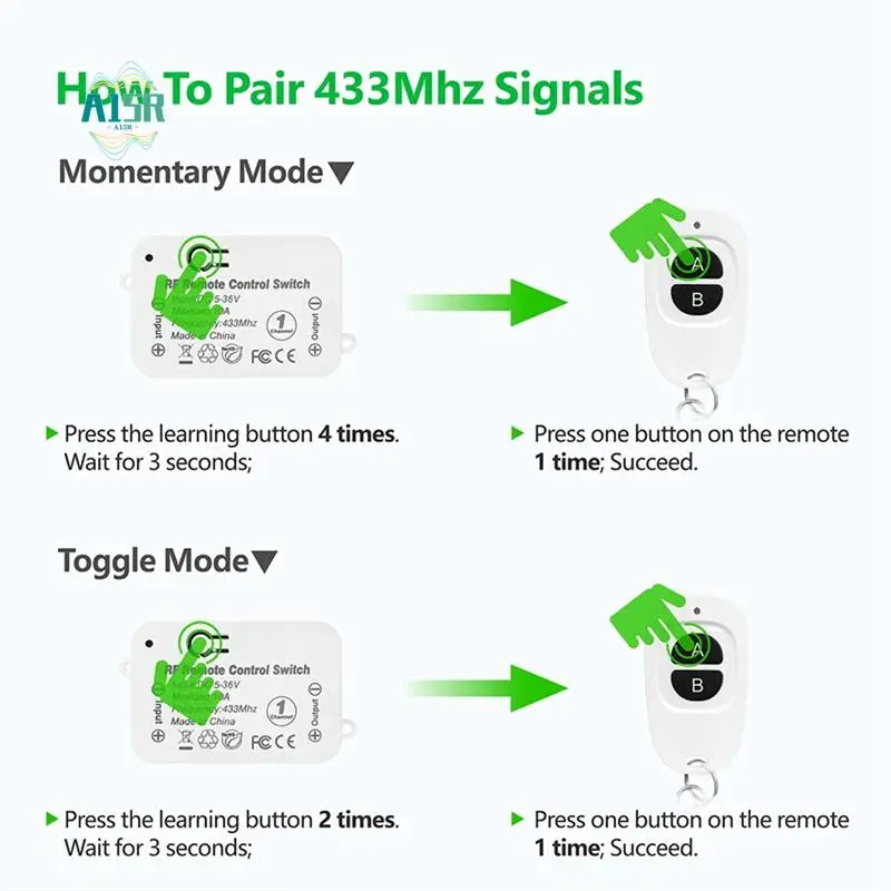 

A15R-433 МГц беспроводной пульт дистанционного управления 10A DC 6 В 12 В 24 В 30 В 36 В мини RF релейный приемник передатчик