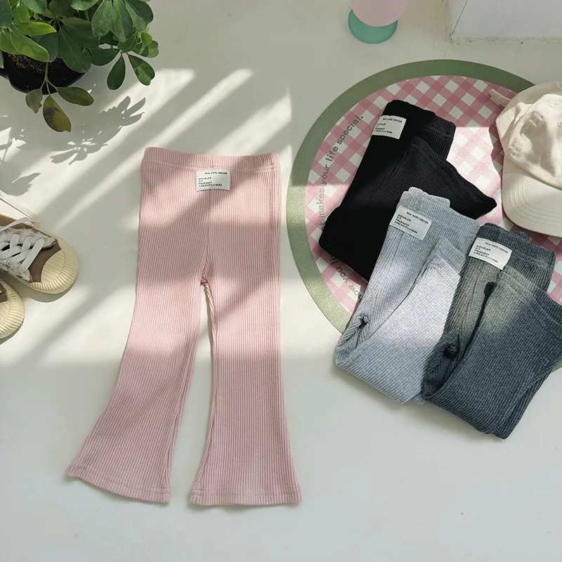 1-8 Y Girls Solid Elasticity Trousers Children's Summer Fit Leggins Flares Pants Kids casual Wearing Long Pant for Outdoor
