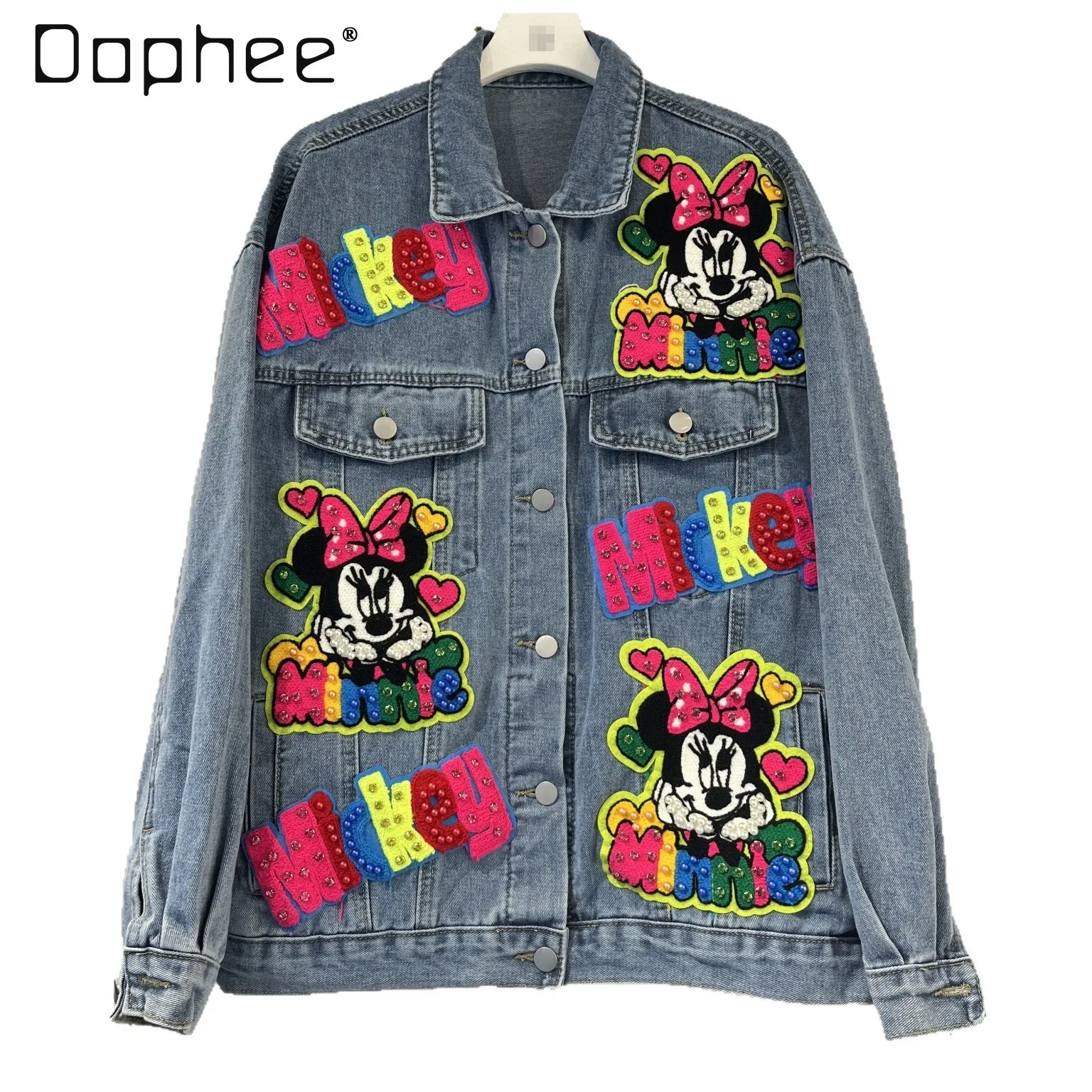 

Heavy Craft Colorful Letter Rhinestone Design Casual Denim Jacket for Women Fashion Loose Long Sleeve Top Streetwear Women