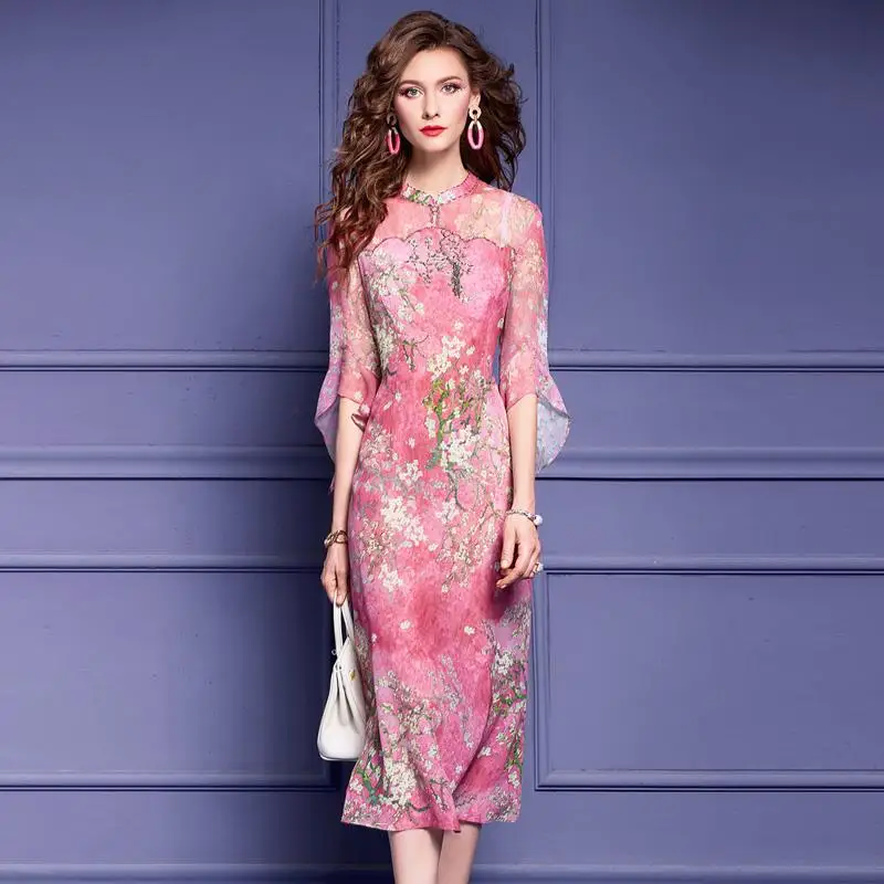 Birdtree 100%Real Silk Elegant Dresses For Women, New Chinese Style, Flower Printed Vintage Gentle Dress, 2024 Summer D42134QC