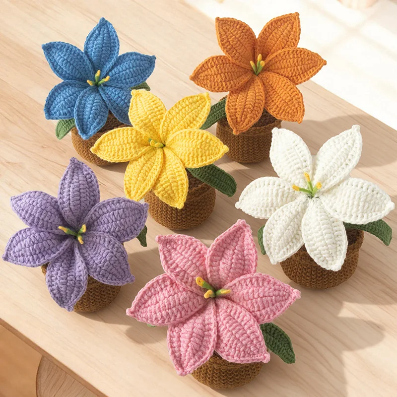 

Hand-Knitted Lily with Potted Delicate Crochet Flowers Pot Handmade Woven Artificial Flower Desktop Bookshelf Decor Mother's Day
