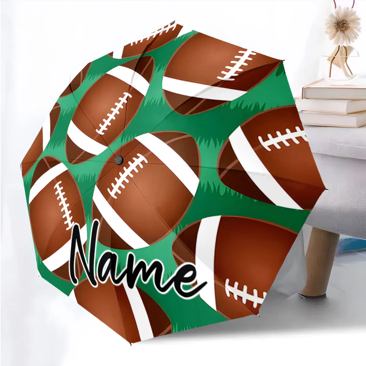 Custom Name Personalized Umbrella with Football Pattern Design Print 8 Iron Ribs Folding Umbrella Auto-Open Fashion Sunshade