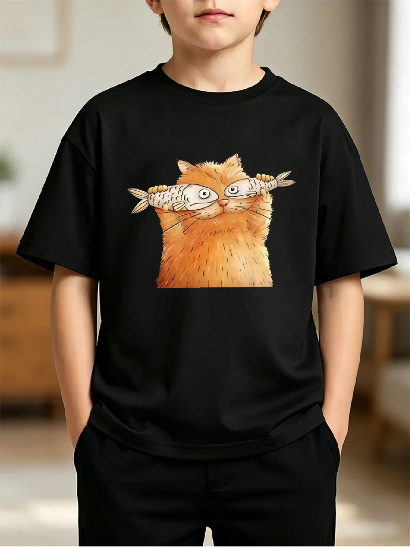 Funny Orange Cat Holding Fish Cartoon Animal Graphic Print T Shirt Family Matching Boys Girls Kids Short Sleeve Daily Tees