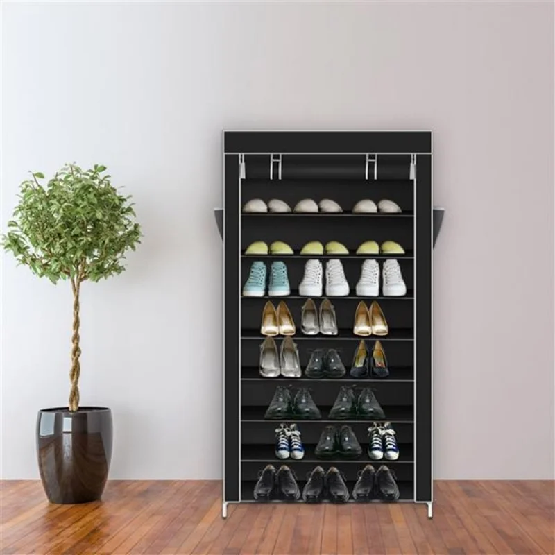 

10 Tiers Shoe Rack with Dustproof Cover Closet Shoe Storage Cabinet Organizer Black