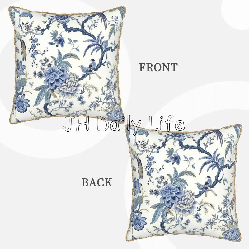 Chinoiserie Soft Velvet Throw Pillow Cover Blue and White Outdoor Bule Birds Flowers Pillow Case for Home Sofa Couch Bedroom