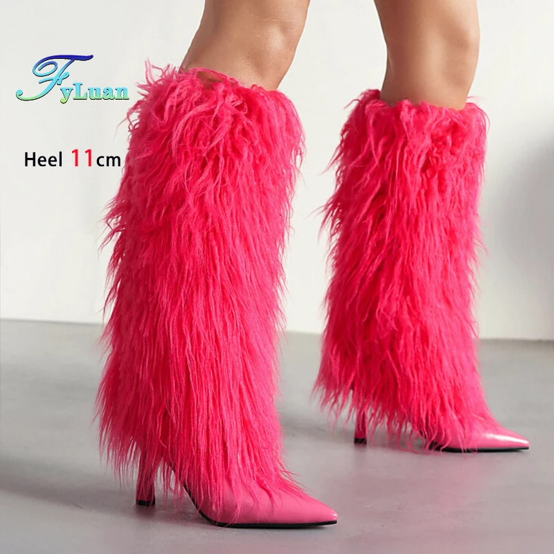 2025 New Women Winter Long Fluffy Boots 11CM Stiletto Heels Ladies Faux Fur Warm Party Shoes T Show Plush Furry Knee-high Boots