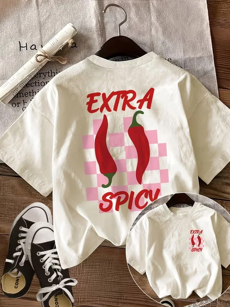 Extra Spicy Chili Print T-shirt Crew Neck Short Sleeve Vintage Double Sided Trendy Summer Casual Daily Street Vacation Outfit