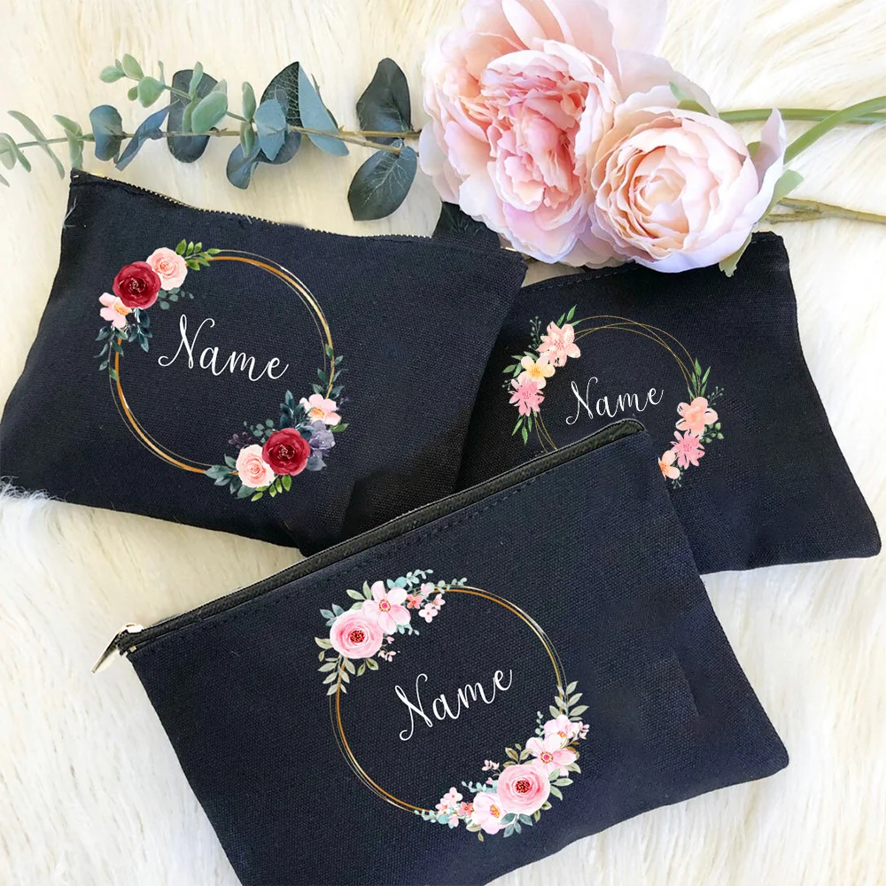 Floral Wreath Personalized Bridemaid Makeup Bag Travel Toiletry Organizer Cosmetic Bag Custom Gift Canvans pouch Girls Trip Gift