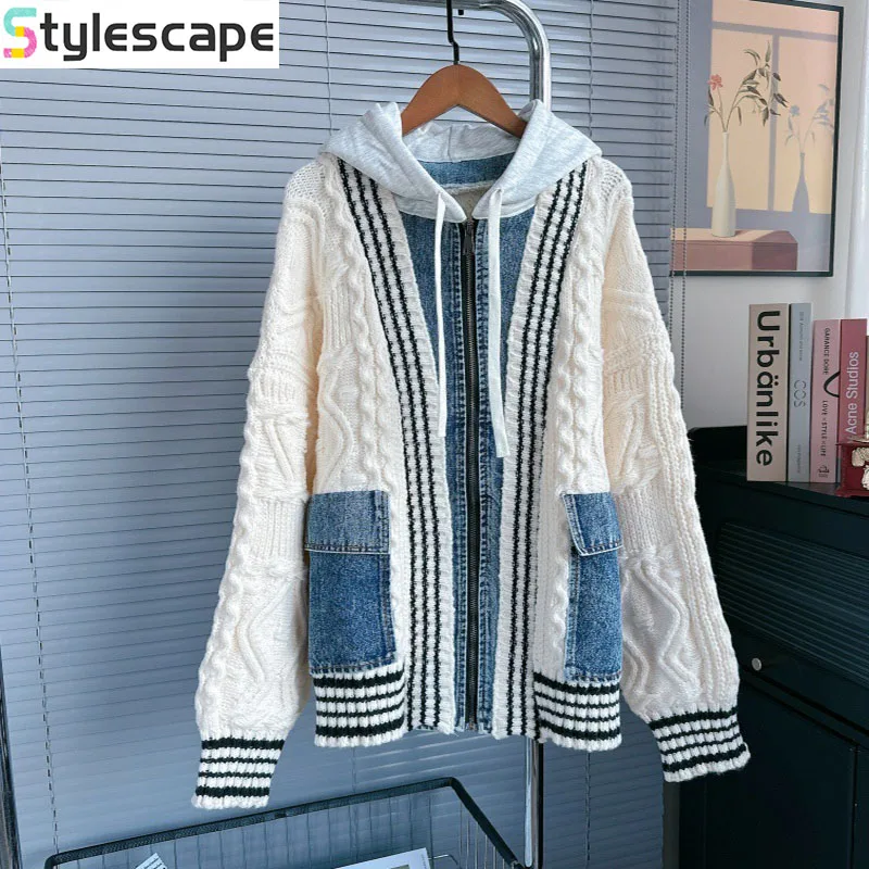 

Джинсовый лоскутный свитер с капюшоном, пальто, женский осенне-зимний новый свободный вязаный кардиган для тяжелой промышленности с жареным тестом