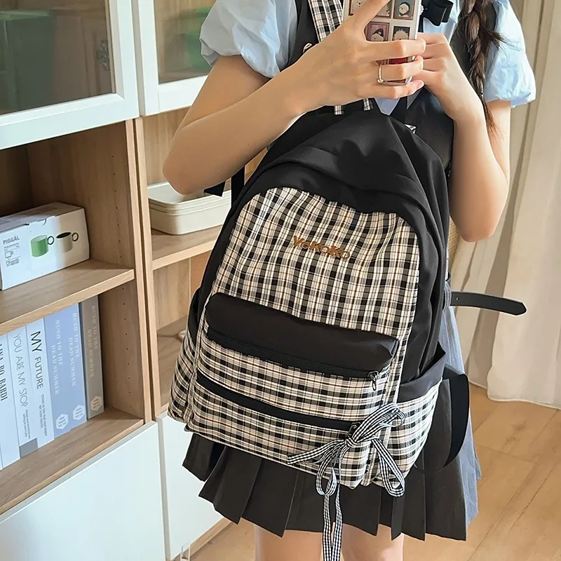 Japanese Casual Checkered Backpack Mori Girl Style Sweet Cute Daypack Teen Students Schoolbags Light Waterproof Travel Rucksack