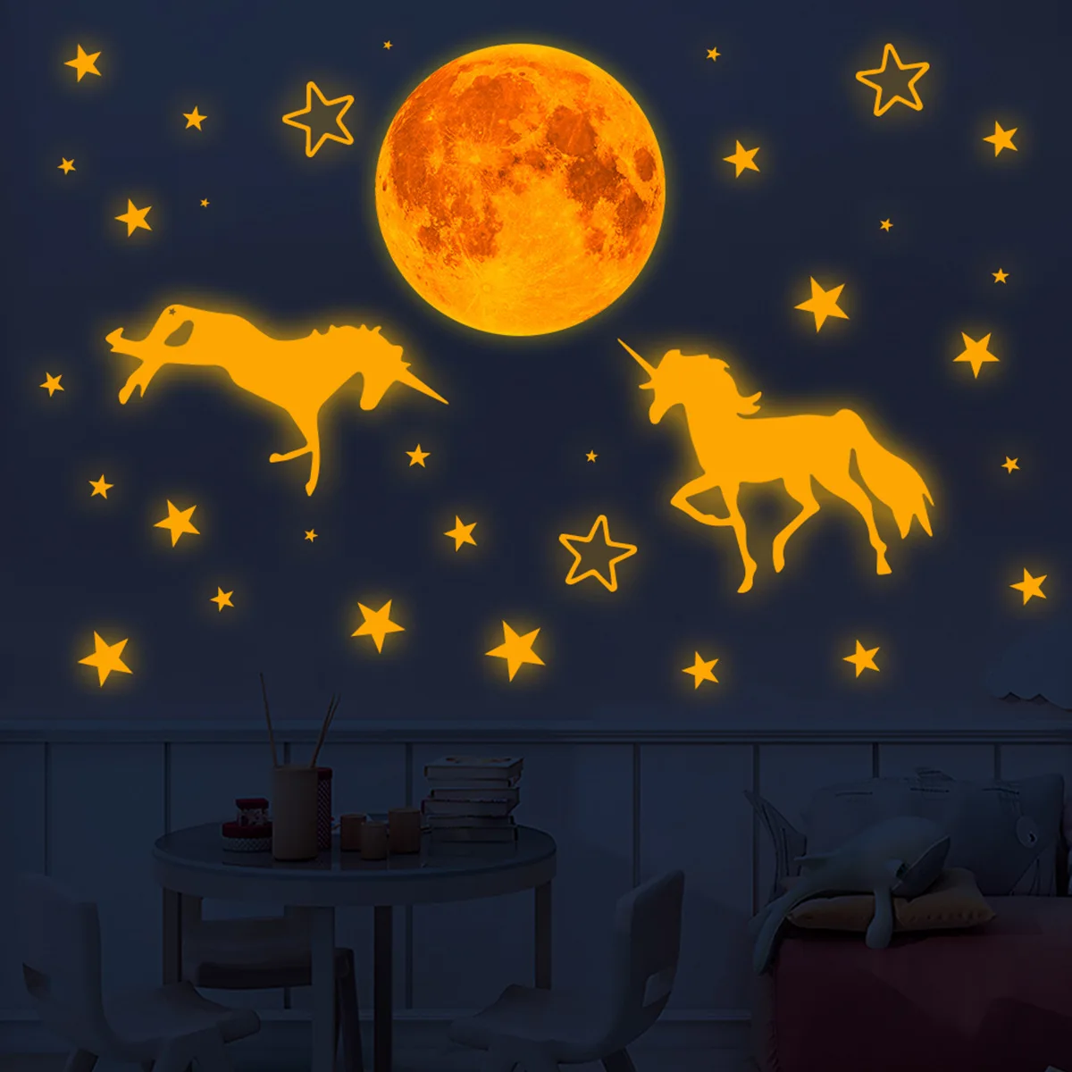 2 Unicorns Luminous Moon Stars Glow Stickers Pvc Home Decoration Bedroom Children's Room Baby Room