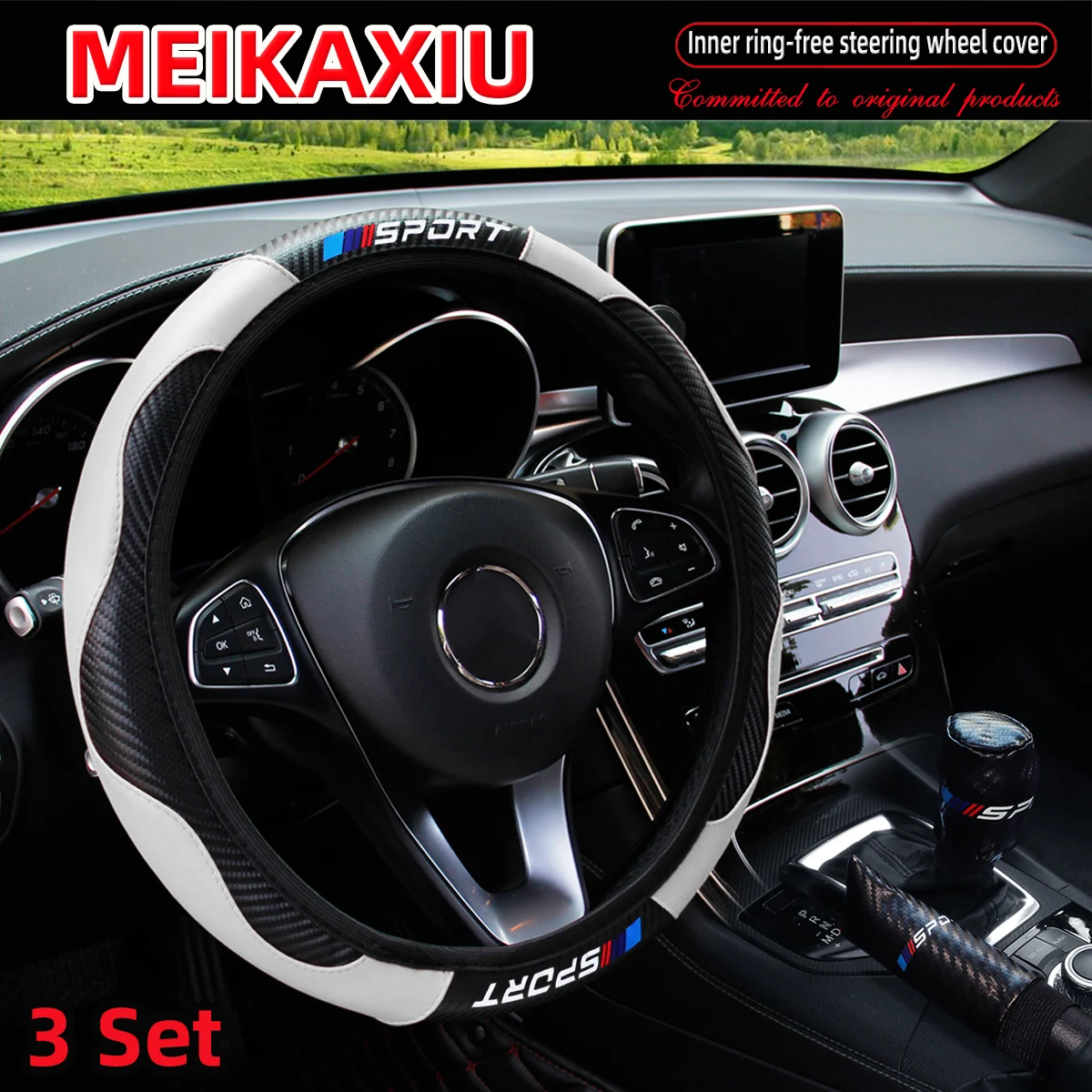 3PCS PU Leder Carbon Faser Sport Auto Lenkrad Abdeckung Handbremse Schalthebel Automotive Zubehör Randlose Design – Detail 6