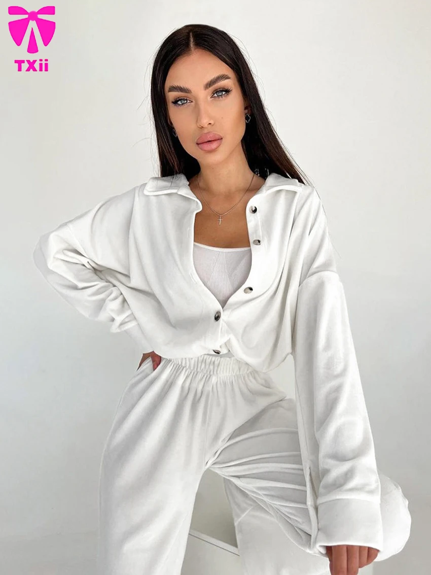 TXii Winter Ladies Nightgown Suit Turn-Down Collar Nightwear Long Sleeve Sleepwear Pants 2023 New Femme Pajama 2 Piece Set