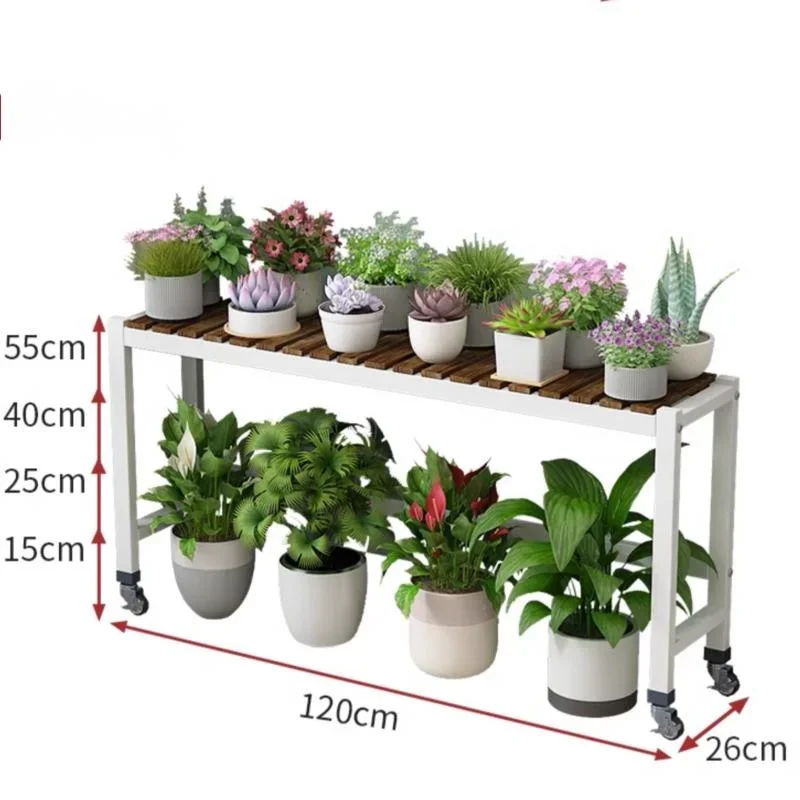 Iron Art Flower Rack, Convenient Wheeled Plant Stand, Long Multi-Layer Flower Pot, Living Room, Balcony