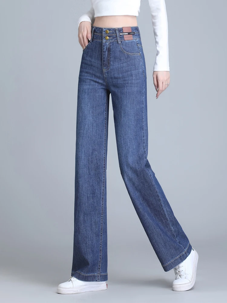 

Джинсы с высокой талией и широкими штанинами, женские, свободного кроя, повседневные, прямые, в корейском стиле, из смесового хлопка, для создания непринужденного и элегантного образа.