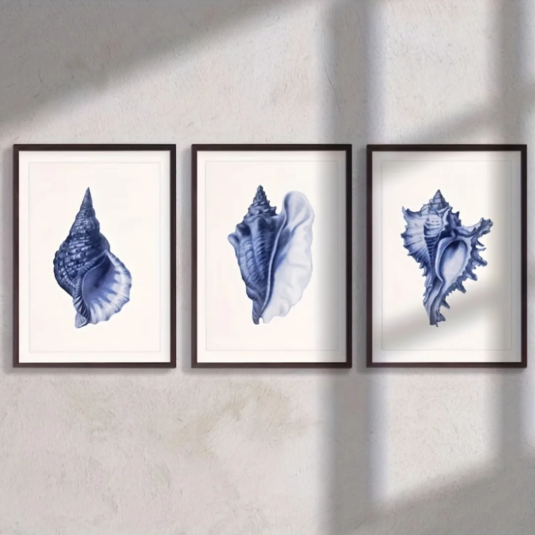 （NoFrame 3pcs）-3pcs Frameless Nautical Print Wall Art Deep Navy Blue and Rich Indigo Tones on High Quality Shell for Perfect