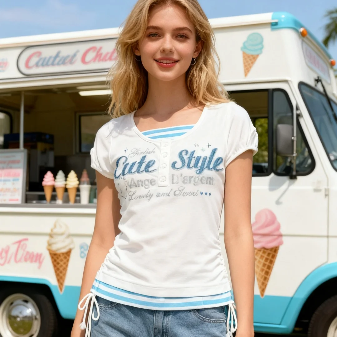 

Women's Y2K Sweet Girl Cute Harajuku T-shirt Alphabet Aesthetics Short Sleeve Casual Top for Girls