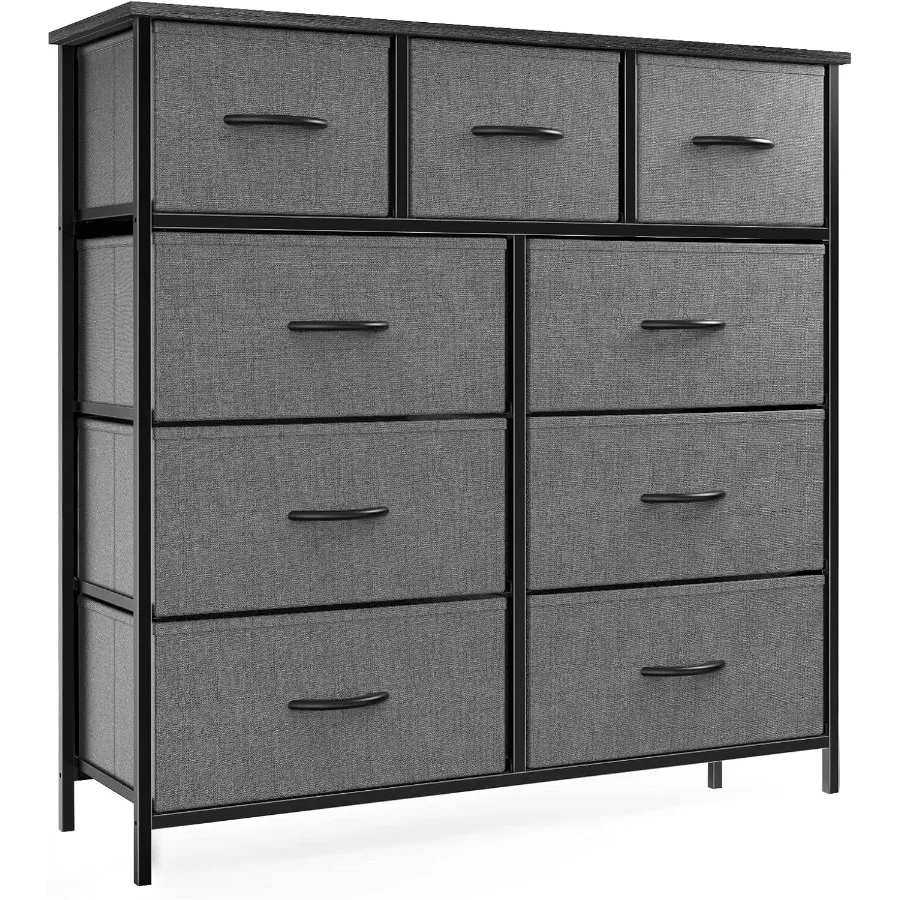 Dresser for Bedroom 9 Storage Drawers Wide Fabric Closet Chests Organizer Tower Furniture TV Stand with Wooden Top Metal Frame
