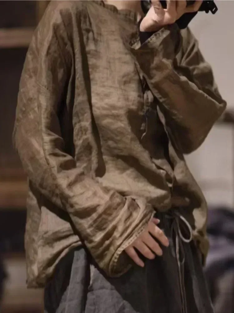 

Женские винтажные рубашки и топы Johnature из рами, однотонные весенние блузки с круглым вырезом и длинными рукавами, новинка 2024 года, свободные рубашки на пуговицах