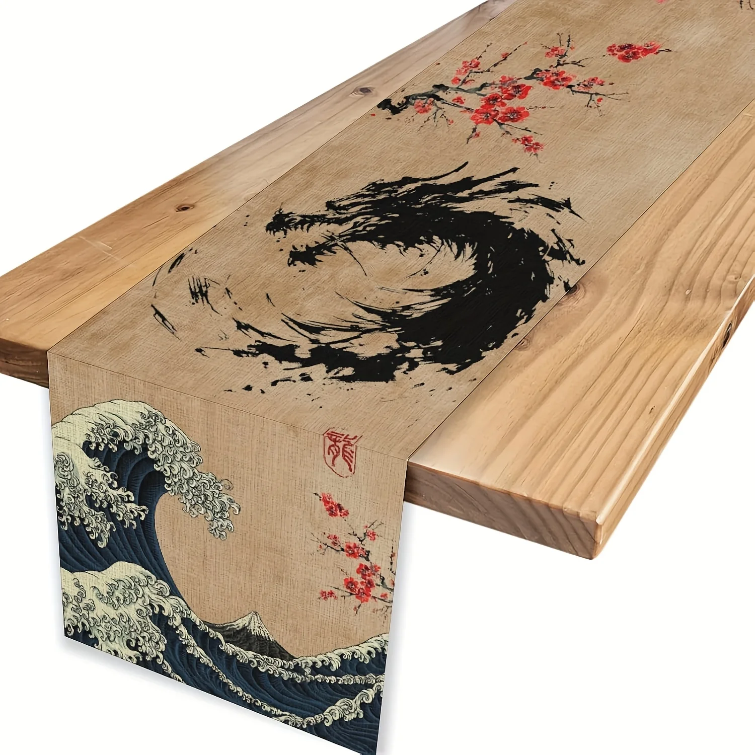 1pc Table Runner, Japanese Black Dragon Red Plum Blossom Wave Print, Asian Style Decor for Kitchen Dining Farmhouse, Indoor Outd