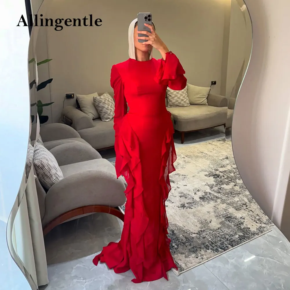 

Elegant Long Sleeves Prom Party Dresses Woman High-Neck Mermaid Evening Gowns Red Jersey Vestido De Noche Sweep Train Customized