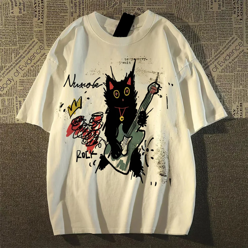 Damen-Sommer-T-Shirt mit süßem schwarzem Katzen-Gitarren-Print, kurzärmelig, Rundhalsausschnitt, lässiges, lockeres T-Shirt, Y2K-Streetwear-Oberteile – Detail 3