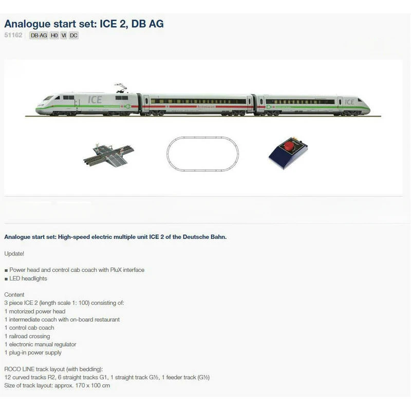 ROCO train model HO type 1/87 51162 ICE2 three-section DC analog version set with track and controller track car toy