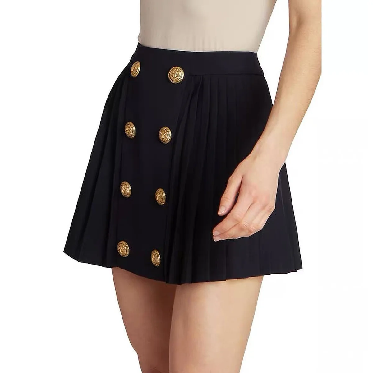 2024 Newest Solid Designed Double-breasted Lady Casual Fashion High Quality Office Mini Pleated Skirt