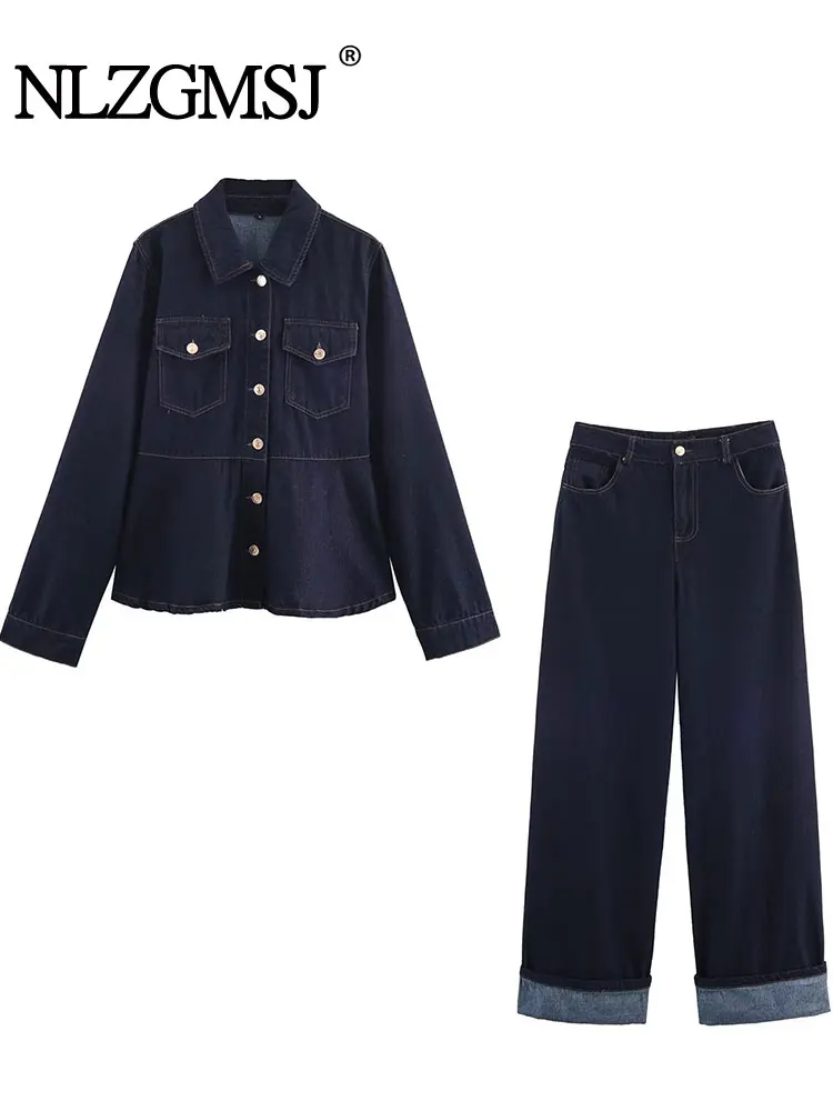 

NLZGMSJ винтажный повседневный шикарный женский джинсовый костюм, однобортные свободные куртки, длинные брюки, модные осенние костюмы 2025 года