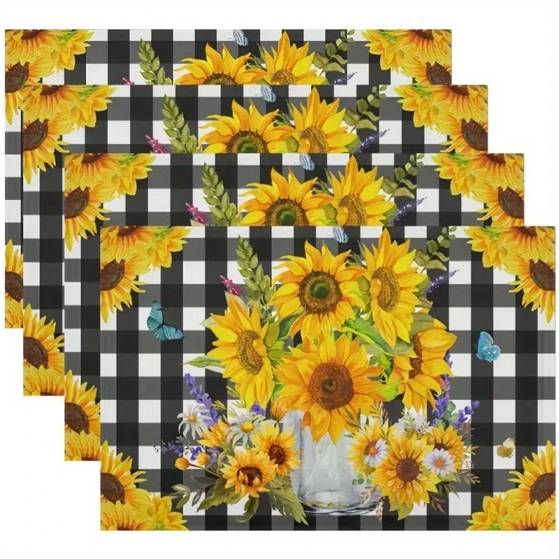 4/6/pcs Sunflower Linen Placemats Checked Plaid Summer Floral Washable Place Mats Tablemats Kitchen Dining Table Home Decoration