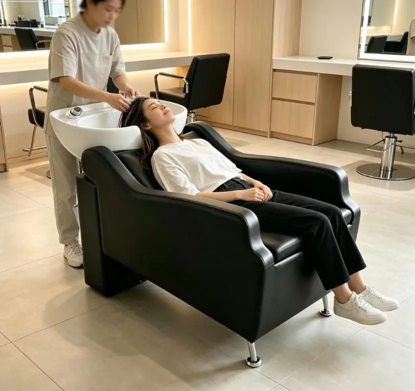 Shampoo Chair Salon Backwash Unit Hair Washing Chair With Ceramic Bowl Chrome Faucet Reclining Leather Spa Equipment